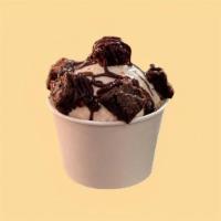 Fudge Brownie · Vanilla ice cream with chocolate sauce and brownie bites on top.