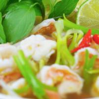Pho Seafood · Seafood pho with Shrimp and scallops served in beef broth