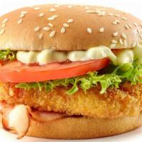 Crispy Bacon Chicken Burger · Golden-crispy chicken fillet, crispy bacon, customer's choice of cheese, mayo, lettuce and t...