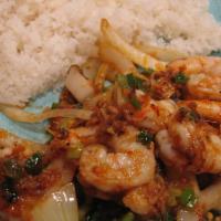Lemongrass Shrimp Rice · Shrimp sautéed with lemongrass, onions, garlic, chili pepper, scallions; over rice.