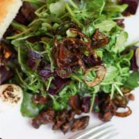 Beets Salad · Vegetarian. Baby arugula, shaved fennel, goat cheese brule, lemon infused vinaigrette, candi...