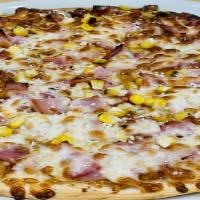 Hawaiian Pizza · Grilled thin crust, caramelized pineapple, roasted corn, sliced ham, parmesan and mozzarella...