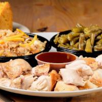 Pulled Chicken Plate · White chicken breast. Served with any two sides and cornbread or bun.