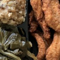 Fried Catfish Plate (Filets) · 4 oz. of Catfish sliced into stripes, breaded and then fried in peanut oil. Served with any ...