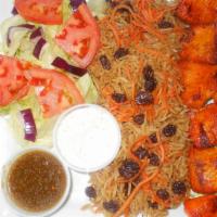 Chicken Kabob · Flame broiled chicken breast served with Kabuli Palau rice and salad