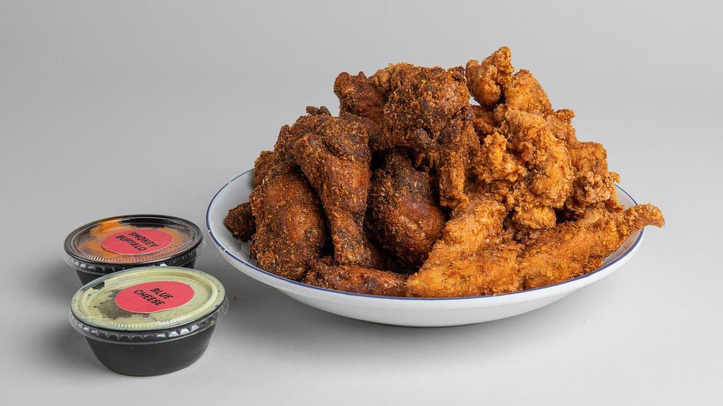 20 Wings Or Tenders With 2 Dipping Sauces · marinated in our signature sweet and spicy dry rub for 24 hours, smoked over hickory wood then flash-fried and finished with even more Fed Pig dry rub - you won't even need the sauce, but you might want some…