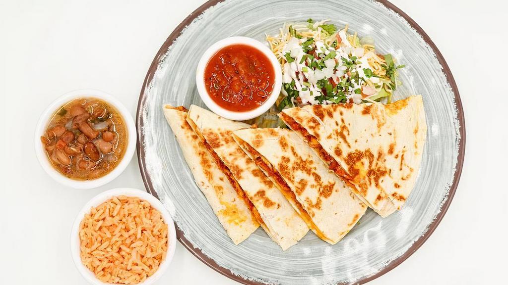 Quesadilla · Cheese quesadilla with choice of protein. Served with lettuce, cheese, sour cream and pico de gallo on the side. Also includes rice and beans of choice on the side.