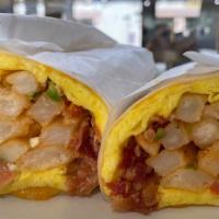 Breakfast Burrito · scrambled eggs, potato, cheddar jack, pico de gallo, bell pepper aioli, and your choice of b...