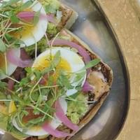 Avocado Toast · avocado, hard-boiled egg, pickled red onion, cilantro, roasted bell pepper aioli, olive oil,...