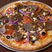 Greek · Olive oil, tomato sauce, red onions, black olives, tomatoes, Mozzarella & Feta, topped with ...