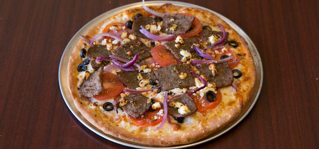Greek · Olive oil, tomato sauce, red onions, black olives, tomatoes, Mozzarella & Feta, topped with gyro meat & oregano, served with tzatziki sauce.