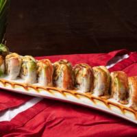 Redskin'S Roll · Shrimp tempura & avocado inside, topped with tuna, salmon and chef's special sauce
