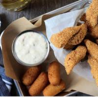 Catfish Fingers · Hand-breaded, crispy-fried,  with homemade hushpuppies.
