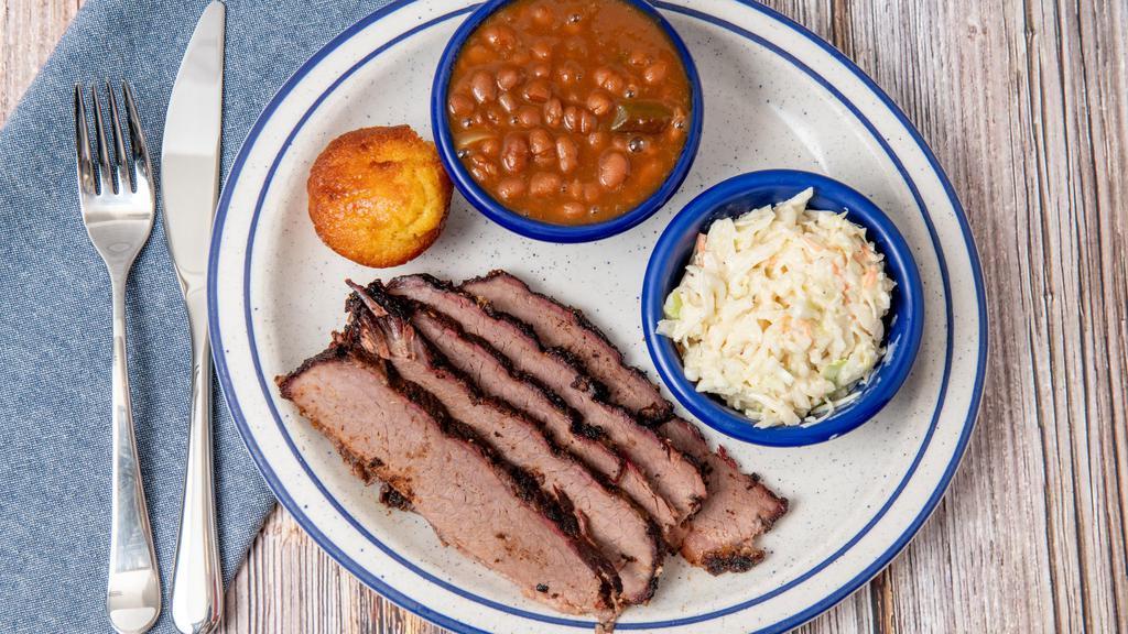 Texas Brisket Plate · Smoked 12-13 hrs, sliced-to-order. Served with two Southern Sides.