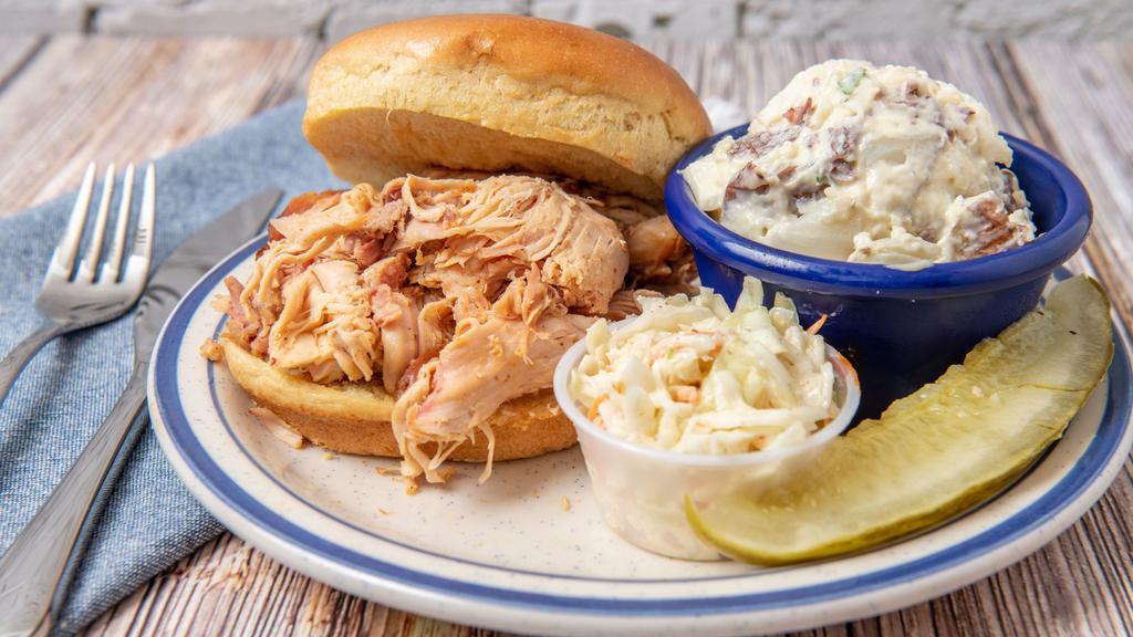 Pulled Chicken Plate · Smoked 2-3 hrs, hand-pulled. Served with two Southern Sides.