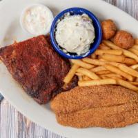 Ribs + Catfish · 4 Ribs, 1 Delta  Catfish fillet. Served with two Southern Sides.