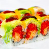 Spring Time Roll · Spicy. Spicy tuna and crab salad on the inside and topped with avocado, seared white tuna, a...