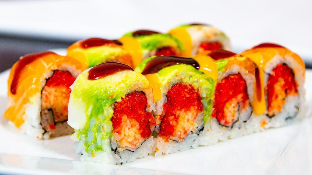 Spring Time Roll · Spicy. Spicy tuna and crab salad on the inside and topped with avocado, seared white tuna, and salmon. Contains Raw Fish. Thoroughly cooking food of animal origin such as beef, eggs, fish, poultry, lamb, pork, or shellfish reduces the risk of foodborne illness. Individuals with certain health conditions may be at higher risk if these foods are consumed raw or undercooked. Consult your physician or public health official for further information.