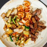Steak & Shrimp Teppanyaki · Served with mushroom soup, fried rice, vegetables.