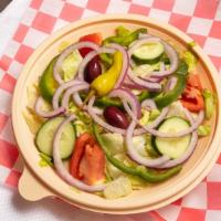 3- Greek Salad · Crisp Lettuce, Feta, Cucumber, Tomato, Banana Pepper, Green Pepper, Kalamata Olives, Onions ...