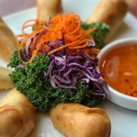 Veggie Spring Rolls · Crispy rolls with glass noodle, cabbage, carrot, shiitake mushroom. Comes with sweet chili d...
