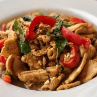 Pad Kra Pow · Spicy. Traditional brown sauce sautéed with fresh chili, holy basil, garlic and choice of pr...