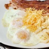 American · Three eggs, bacon, potatoes, and cheese.