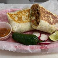 Burritos Supreme · 12' flour tortilla, meat, filled with rice, beans, lettuce, tomato, cilantro,onion, cheese a...