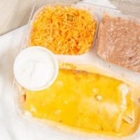 Burrito Rudy · Fried beans and topped Chile con queso.