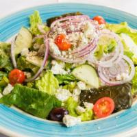 Greek Salad · Tomatoes, cucumbers, onions, kalamata olives, peppers, feta cheese over romaine lettuce with...
