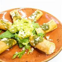 Smoked Chicken Taquitos · crispy corn torilla filled with smoked chicken, potato, tomato, chihuahua cheese, queso fres...