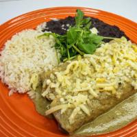 Enchiladas Pollo Serrano · pulled roasted adobo chicken breast, chihuahua & asadero cheese, cilantro, housemade white c...