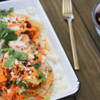 Crispy Shrimp Tacos · cabbage slaw, pico de gallo, cilantro lime aioli, queso fresco