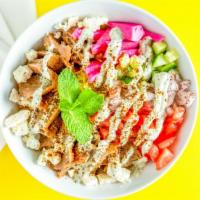 Beef & Lamb Gyro Bowl · Savory thin sliced beef and lamb mixed-meat gyro served on top of either rice, lettuce, or h...