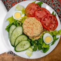 Chicken Salad  Plate · The Famous Chicken Salad on a bed of Lettuce with Tomato, Cucumber, Boiled Egg with Honey Mu...