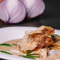 French Onion (Vegetarian) · Broth? Who needs broth? Caramelized Onions, Herbs, a touch of Sherry and Gruyere stuffed int...