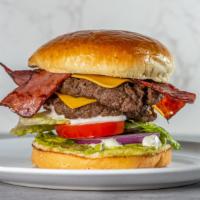 The Fatty Patty Burger · Double home-made beef patty, American cheese, turkey bacon, avocado mayo, lettuce, tomato an...
