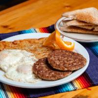 All American Breakfast · 2 eggs cooked your way, served with your choice of bacon or sausage, hash browns or home fri...