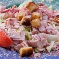 Chef'S Salad Whole · Ham, turkey, and tomatoes topped with mozzarella cheese, bacon bits and homemade croutons, s...