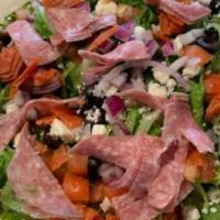 Antipasto Salad · Romaine lettuce, tomatoes, black olives, red onions, salami, pepperoni, feta cheese. Italian...