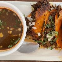 Birria Tacos With Consomme · Beef birria served with consomme (beef broth)  served with onions and cilantro