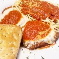Chicken Parm Dinner · 2 pieces of breaded chicken in our delicate tomato sauce, mozzarella & parmigiano cheese ser...