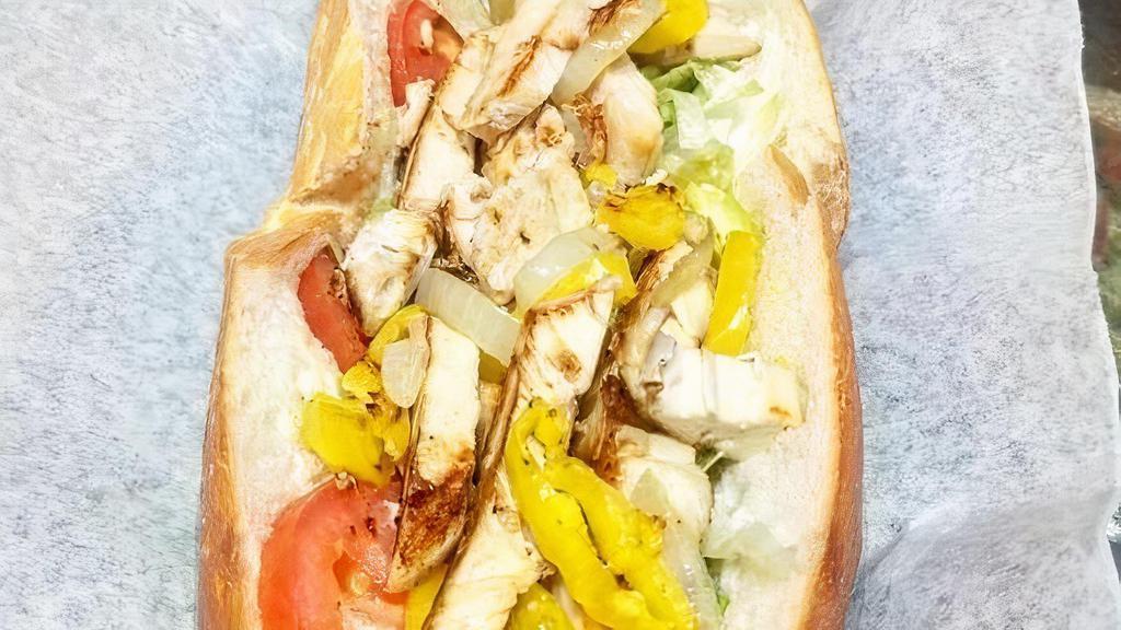 Grilled Chicken  Sub · Grilled chicken breast, lettuce, tomatoes, mayo, onion & banana hot peppers
