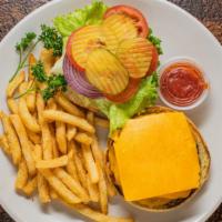 Hamburger · Served with fries. Lettuce, tomato, onions.