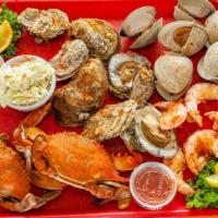 Steamed Seafood Platter · Clams, shrimp, oysters and two medium crabs.