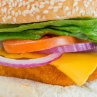 Spicy Crispy Chicken Sandwich · Breaded chicken cutlet with melted American cheese served on a toasted brioche bun with lett...