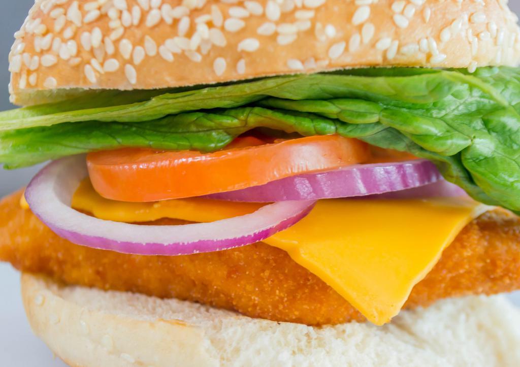 Spicy Crispy Chicken Sandwich · Breaded chicken cutlet with melted American cheese served on a toasted brioche bun with lettuce, tomato, onion and your choice of chipotle mayo or buffalo sauce.