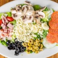 Italian Chef Salad · Garden salad with ham, pepperoni, mushrooms, mozzarella cheese, black and green olives.