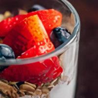 Greek Yogurt Parfait · New! Vanilla Greek Yogurt, House-made Granola, & finished with fresh Strawberries & Blueberr...