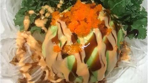 Dinosaur Eggs · Chopped up shrimp tempura and spicy crab tobiko wrapped in avocado with spicy mayo and eel sauce.